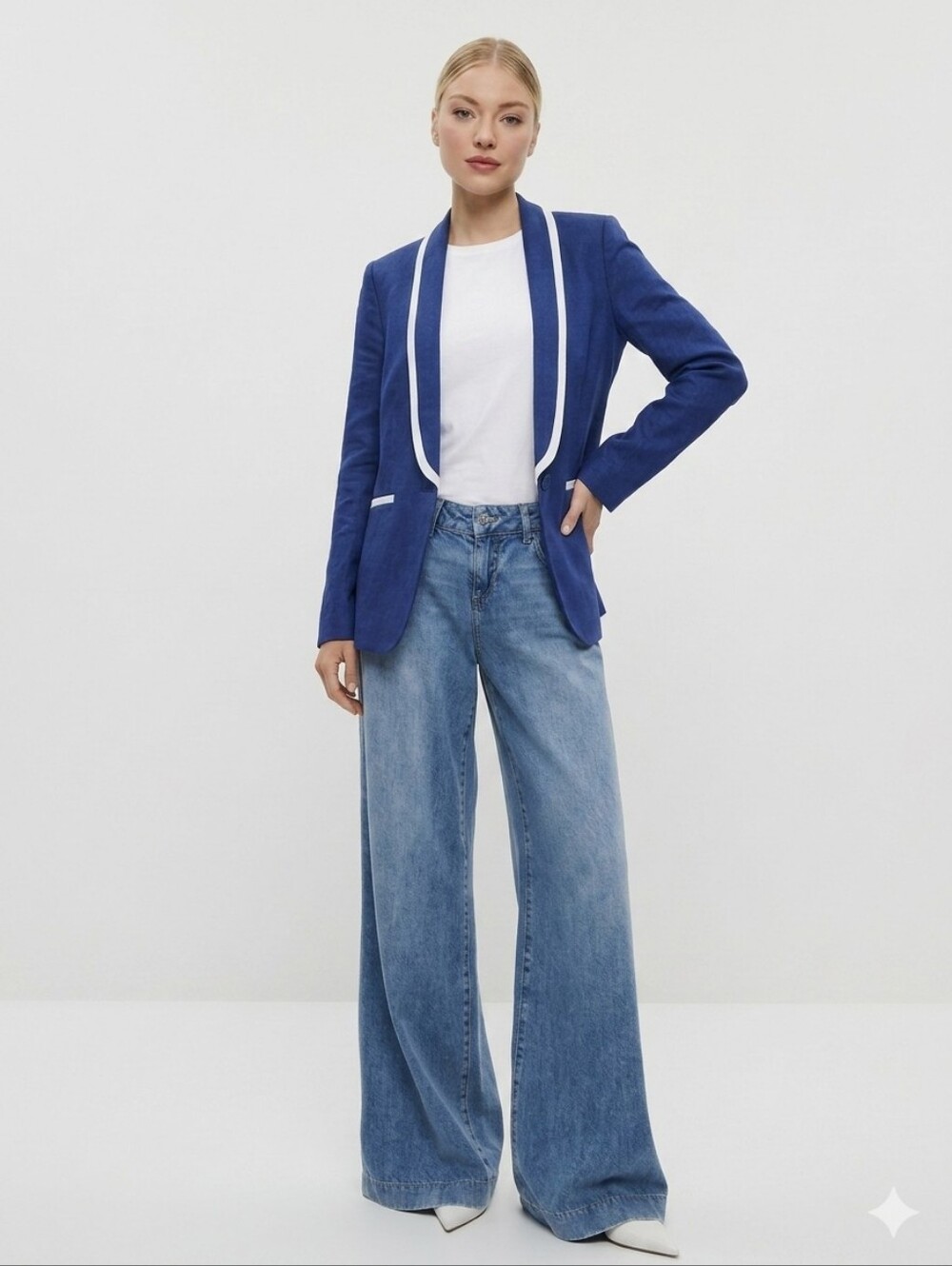 Atmosphere Linen Blend Blue & White Trim Tuxedo Blazer